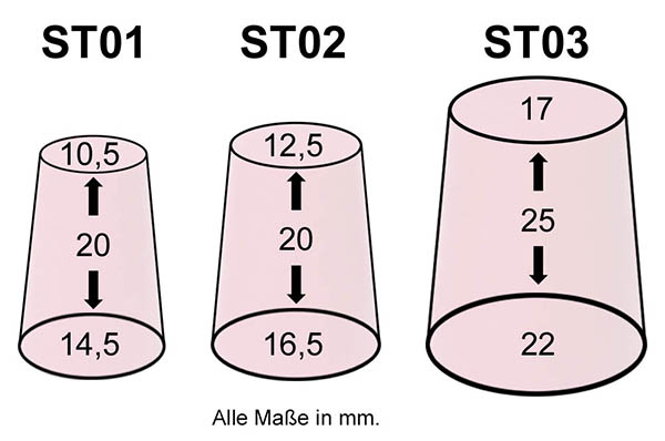 Gummistopfen für Bongs - Maße in mm.